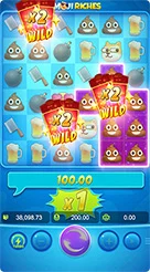 Emoji Riches · Verifikasi angka saldo, nilai taruhan, dan indikator pengali.