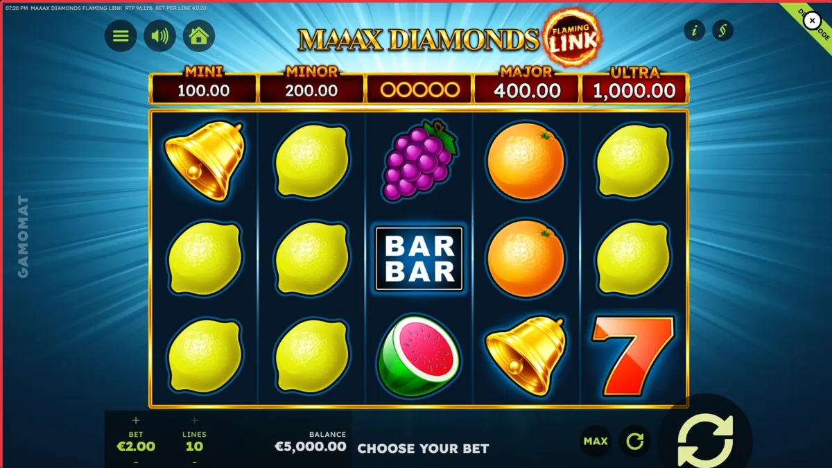 Tampilan antarmuka mobile slot Maaax Diamonds Flaming Link